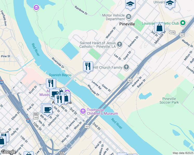 map of restaurants, bars, coffee shops, grocery stores, and more near 220 Lakeview Street in Pineville