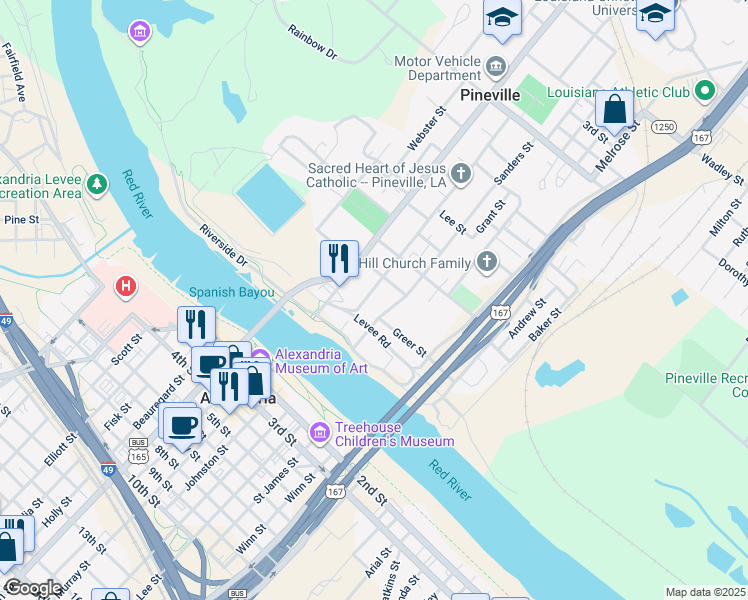 map of restaurants, bars, coffee shops, grocery stores, and more near 220 Lakeview Street in Pineville