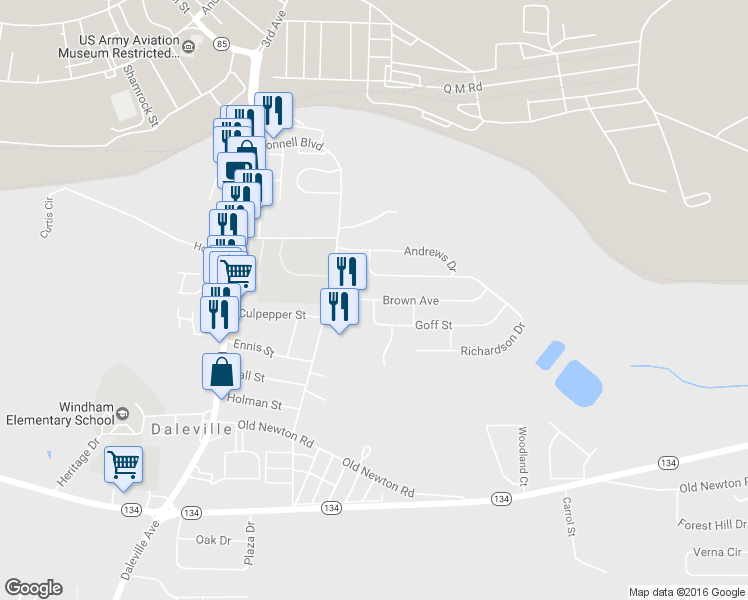 map of restaurants, bars, coffee shops, grocery stores, and more near 9 Brown Avenue in Daleville