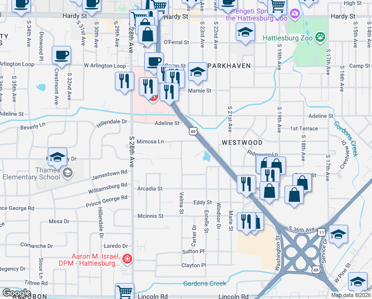 map of restaurants, bars, coffee shops, grocery stores, and more near 2303-2311 Mimosa Ln in Hattiesburg