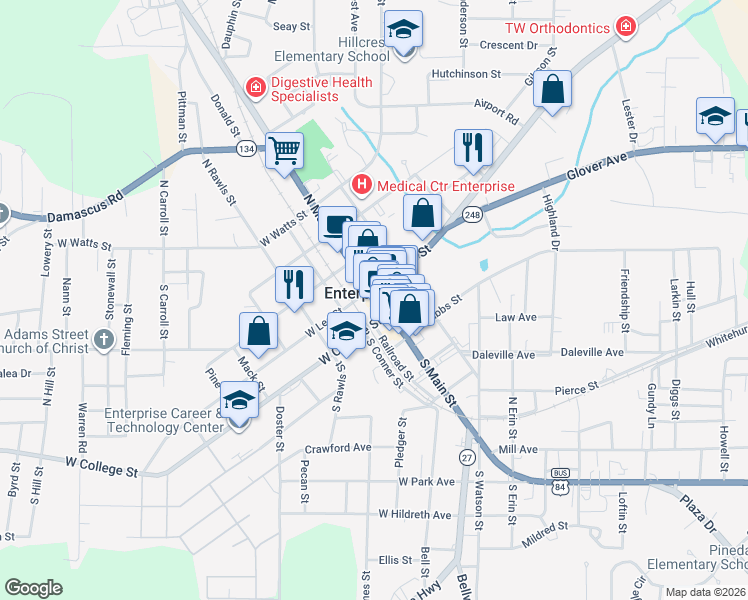 map of restaurants, bars, coffee shops, grocery stores, and more near 299 Easy Street in Enterprise
