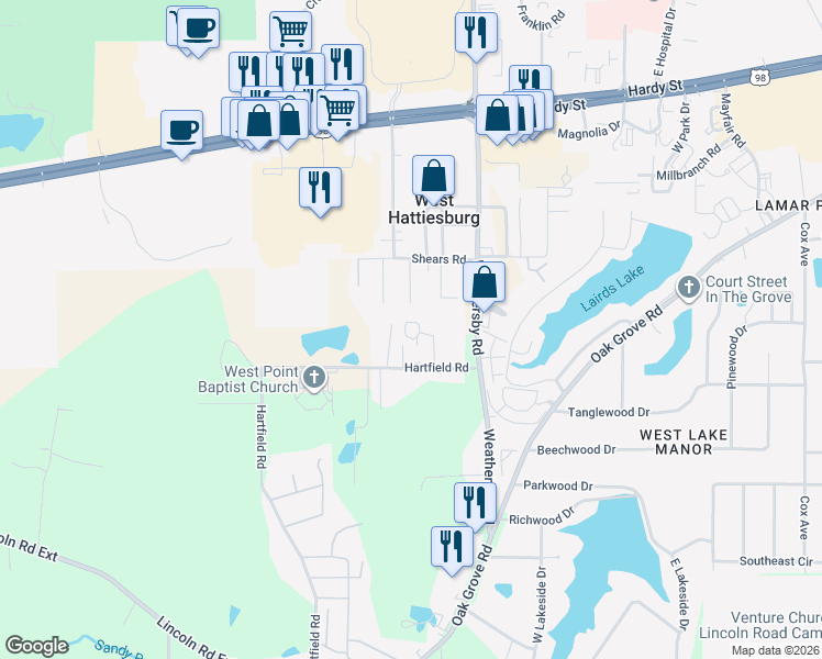 map of restaurants, bars, coffee shops, grocery stores, and more near 117 East Lakewood Drive in Hattiesburg