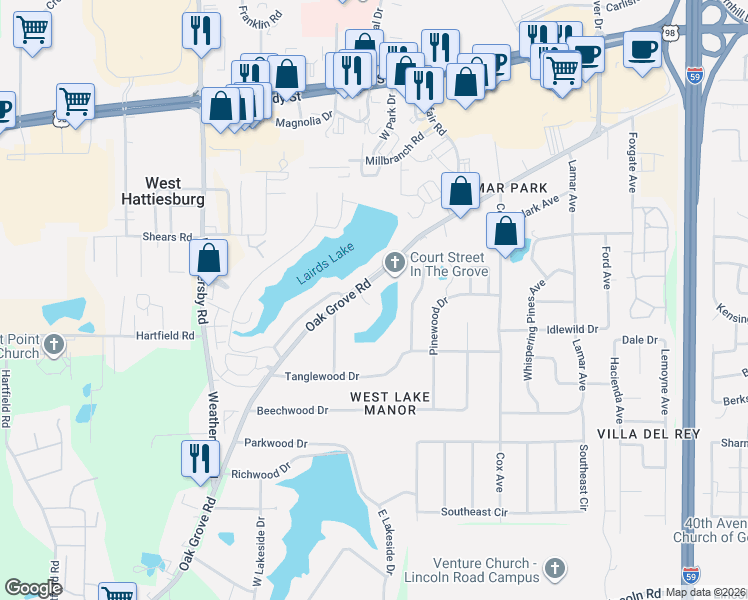 map of restaurants, bars, coffee shops, grocery stores, and more near 2210 Oak Grove Road in Hattiesburg