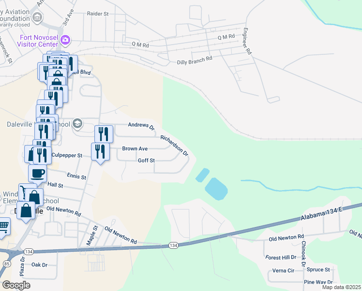 map of restaurants, bars, coffee shops, grocery stores, and more near 46 Richardson Drive in Daleville