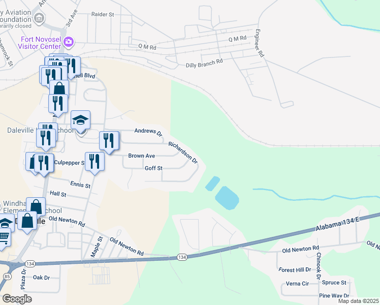 map of restaurants, bars, coffee shops, grocery stores, and more near 46 Richardson Drive in Daleville