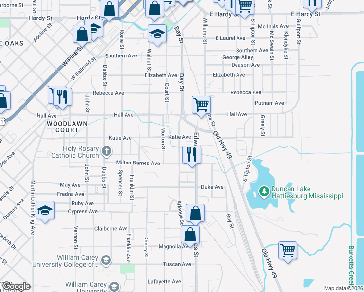 map of restaurants, bars, coffee shops, grocery stores, and more near 711-799 Katie Ave in Hattiesburg