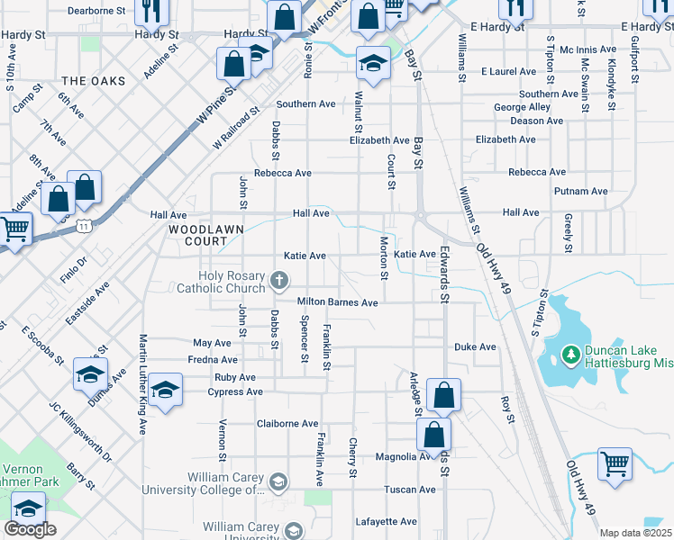 map of restaurants, bars, coffee shops, grocery stores, and more near 803 Arnold Street in Hattiesburg