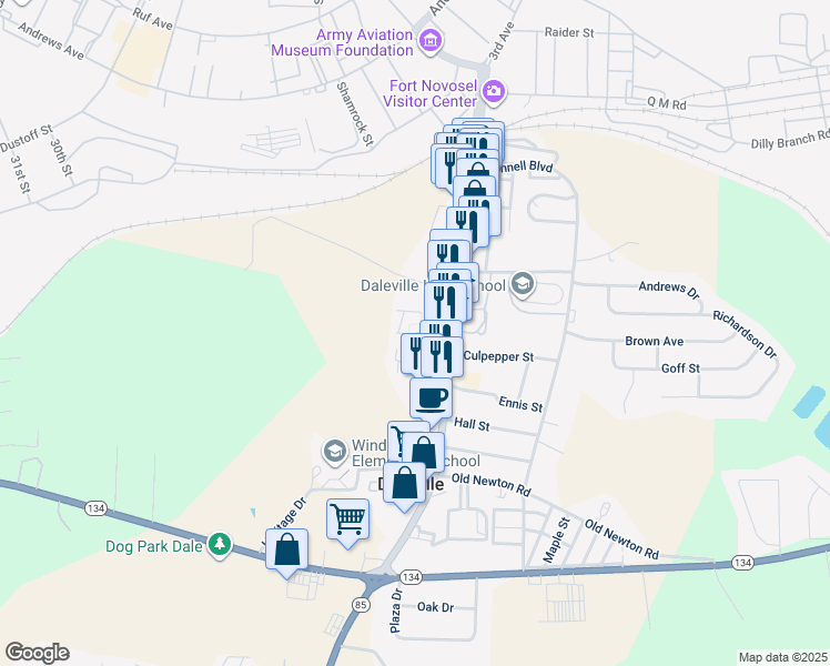 map of restaurants, bars, coffee shops, grocery stores, and more near 801 Livingston Street in Daleville