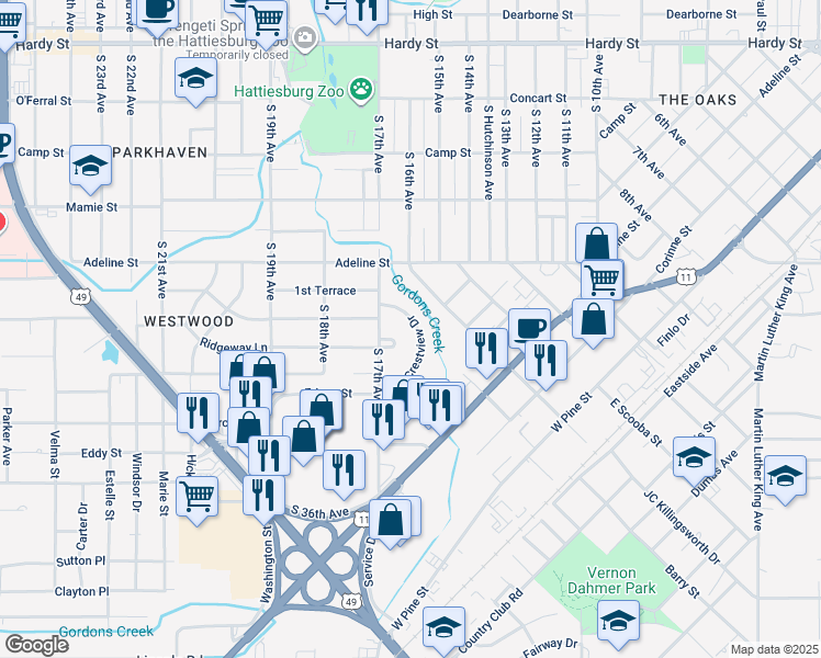 map of restaurants, bars, coffee shops, grocery stores, and more near 711 Crestview Drive in Hattiesburg