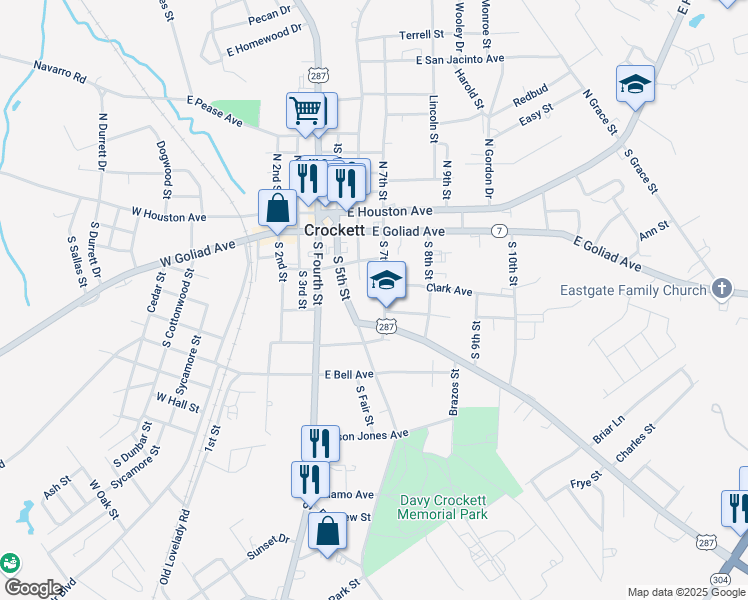 map of restaurants, bars, coffee shops, grocery stores, and more near 403 South 7th Street in Crockett