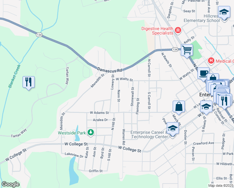 map of restaurants, bars, coffee shops, grocery stores, and more near 130 Nann Street in Enterprise