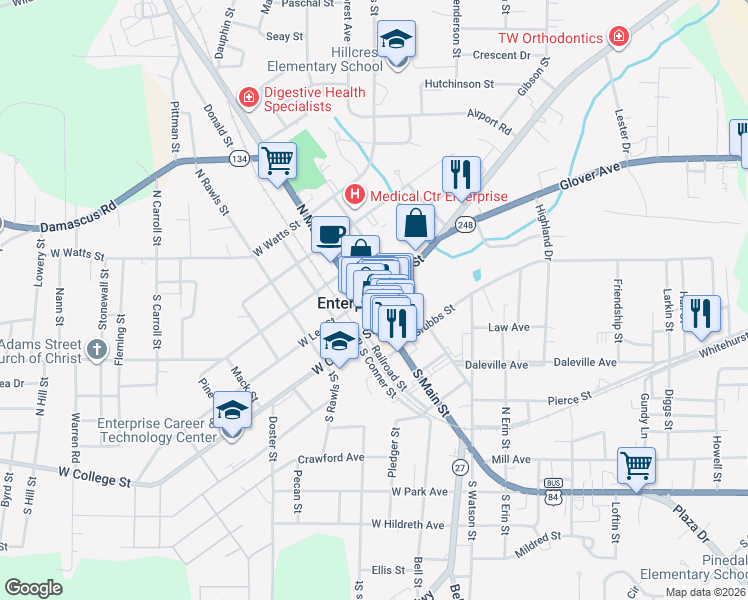 map of restaurants, bars, coffee shops, grocery stores, and more near 101-299 Easy Street in Enterprise