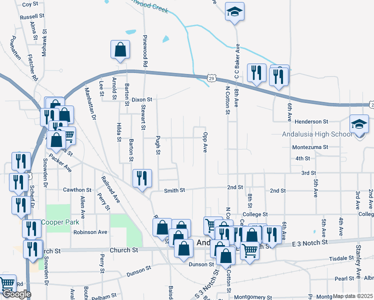 map of restaurants, bars, coffee shops, grocery stores, and more near 400-498 Mock Street in Andalusia