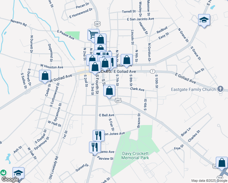 map of restaurants, bars, coffee shops, grocery stores, and more near 403 South 7th Street in Crockett