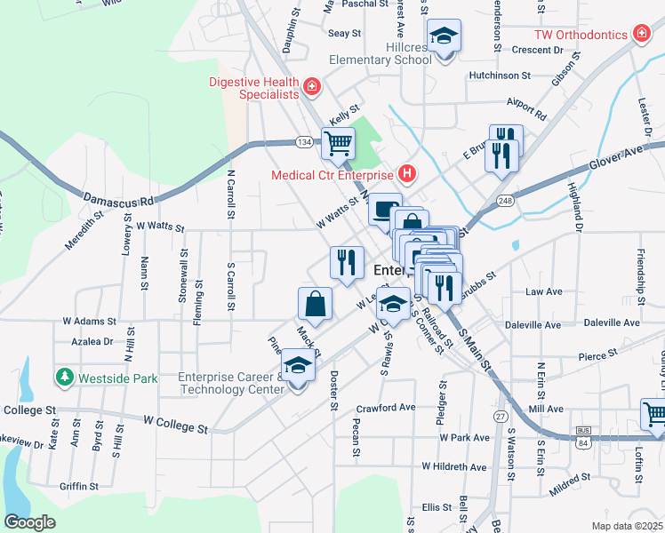 map of restaurants, bars, coffee shops, grocery stores, and more near 305 North Rawls Street in Enterprise