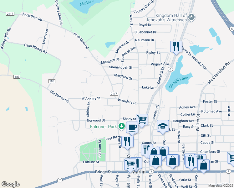 map of restaurants, bars, coffee shops, grocery stores, and more near 809 Rock Dam Road in Marlin