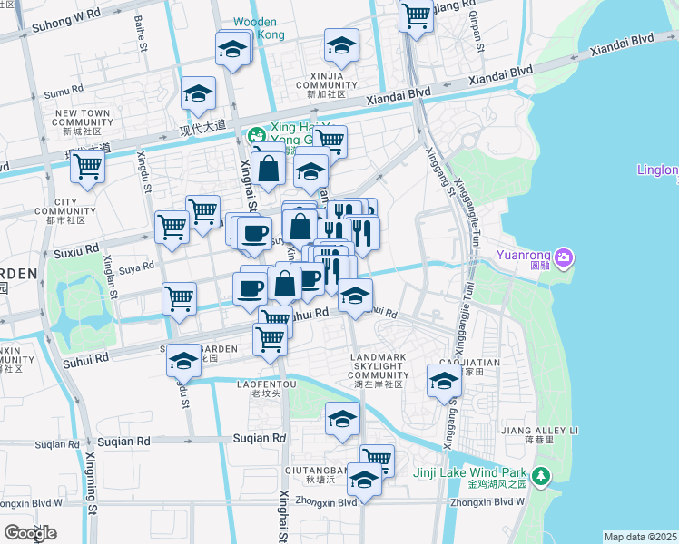 map of restaurants, bars, coffee shops, grocery stores, and more near Xing Han Jie in Su Zhou Shi