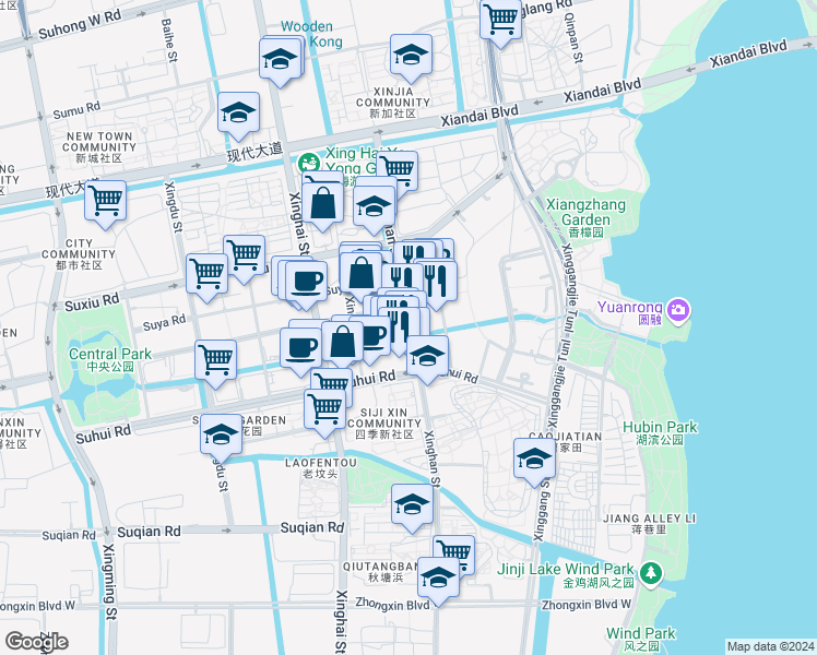 map of restaurants, bars, coffee shops, grocery stores, and more near Xing Han Jie in Su Zhou Shi