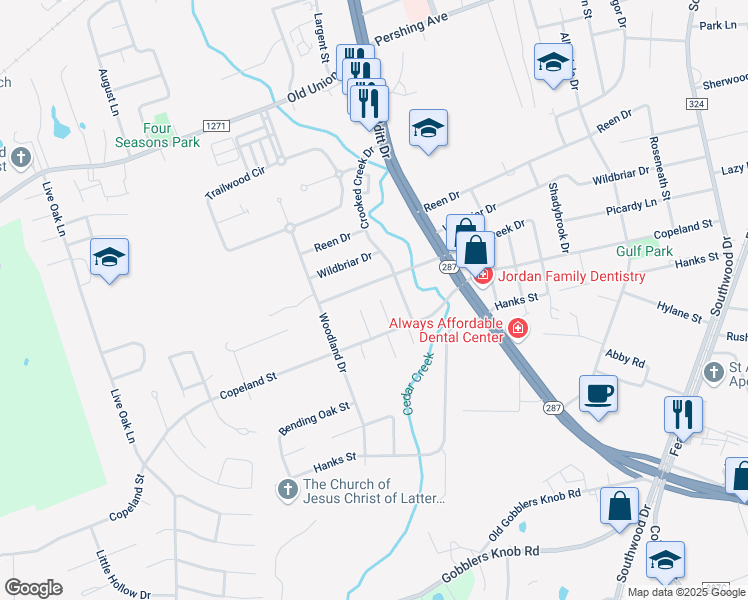 map of restaurants, bars, coffee shops, grocery stores, and more near 6 Woodhaven Ct in Lufkin