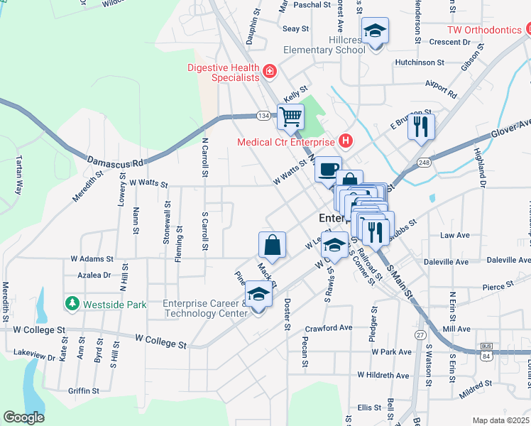 map of restaurants, bars, coffee shops, grocery stores, and more near 312 West Brunson Street in Enterprise