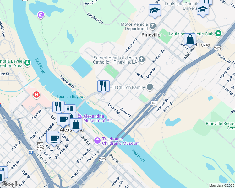 map of restaurants, bars, coffee shops, grocery stores, and more near 220 Lakeview St in Pineville