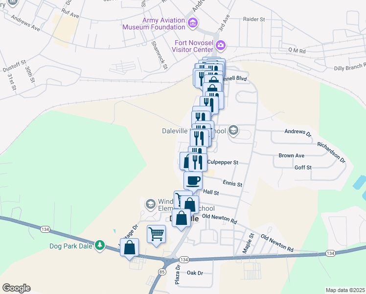 map of restaurants, bars, coffee shops, grocery stores, and more near 801-810 Livingston St in Daleville