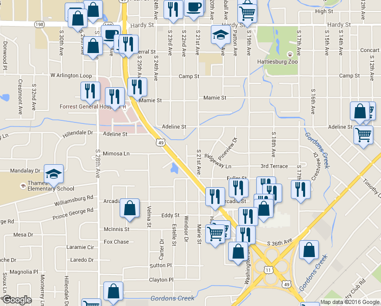 map of restaurants, bars, coffee shops, grocery stores, and more near 612 South 22nd Avenue in Hattiesburg