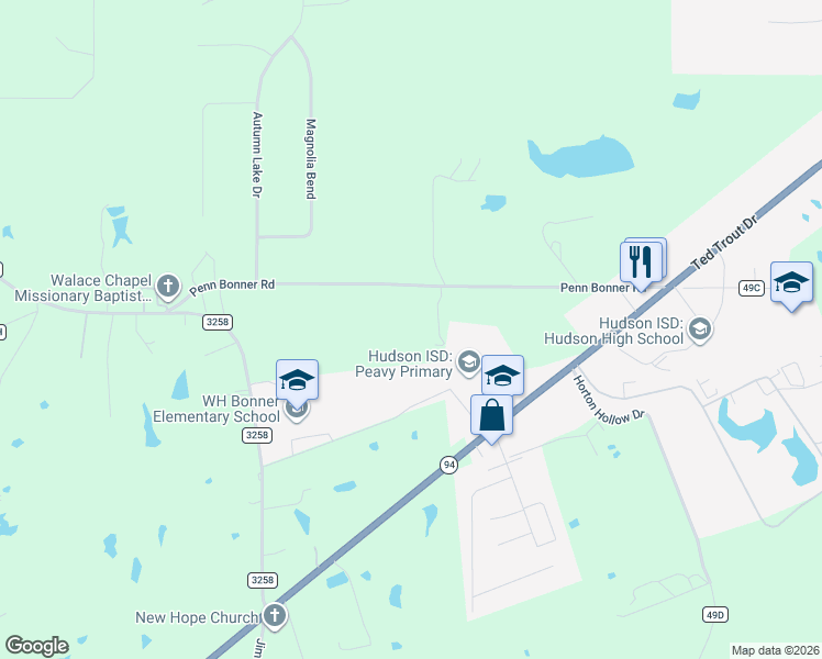 map of restaurants, bars, coffee shops, grocery stores, and more near 190 Harris Lane in Lufkin