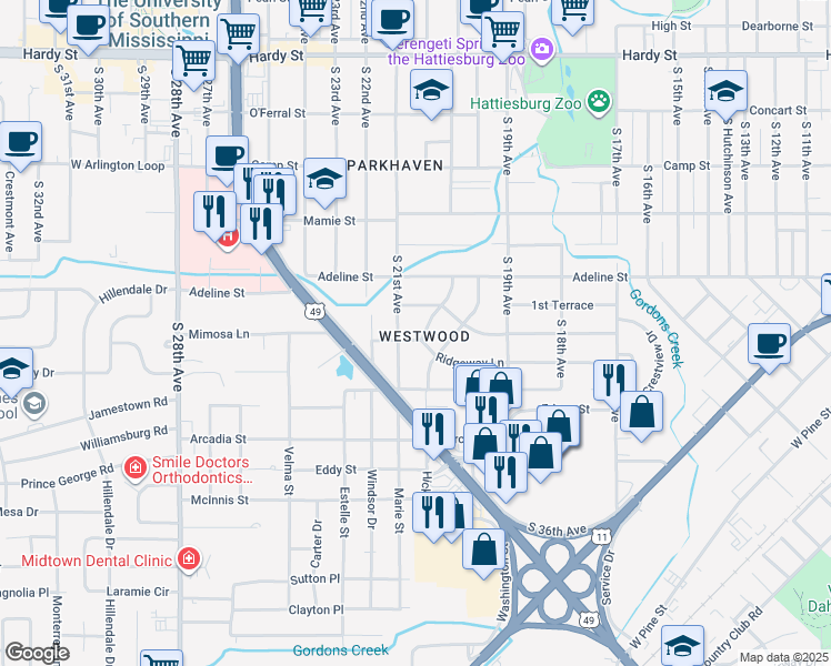 map of restaurants, bars, coffee shops, grocery stores, and more near 2023 Ridgeway Lane in Hattiesburg