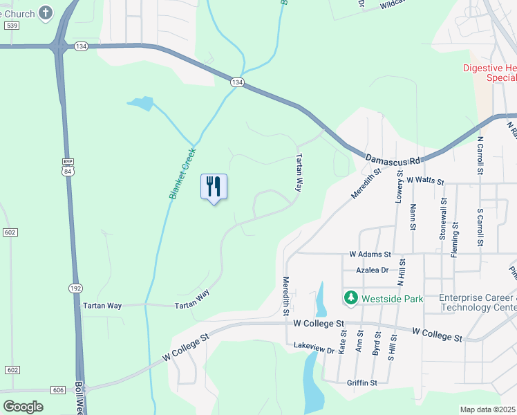 map of restaurants, bars, coffee shops, grocery stores, and more near 104 Tom Morris Lane in Enterprise
