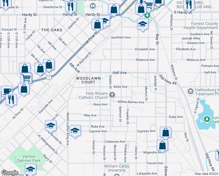 map of restaurants, bars, coffee shops, grocery stores, and more near 801 Dabbs Street in Hattiesburg
