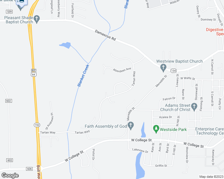 map of restaurants, bars, coffee shops, grocery stores, and more near 107 Tom Morris Lane in Enterprise