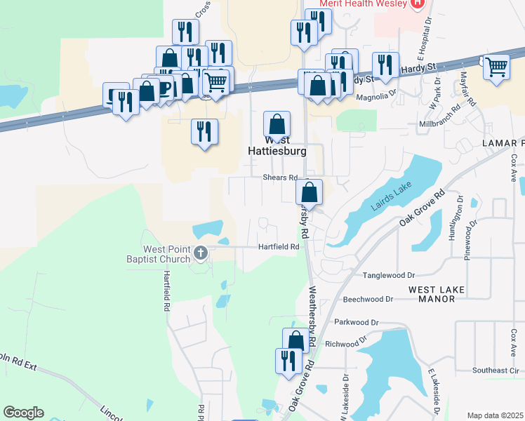 map of restaurants, bars, coffee shops, grocery stores, and more near 117 East Lakewood Drive in Hattiesburg