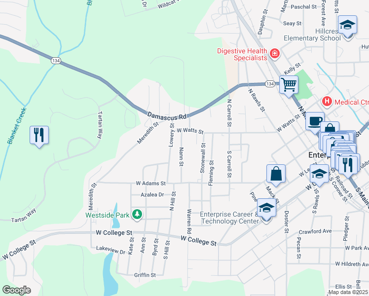 map of restaurants, bars, coffee shops, grocery stores, and more near 130 Nann Street in Enterprise