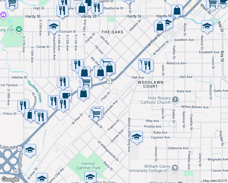 map of restaurants, bars, coffee shops, grocery stores, and more near 1110 West Pine Street in Hattiesburg