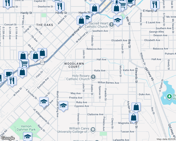 map of restaurants, bars, coffee shops, grocery stores, and more near 801 Dabbs Street in Hattiesburg