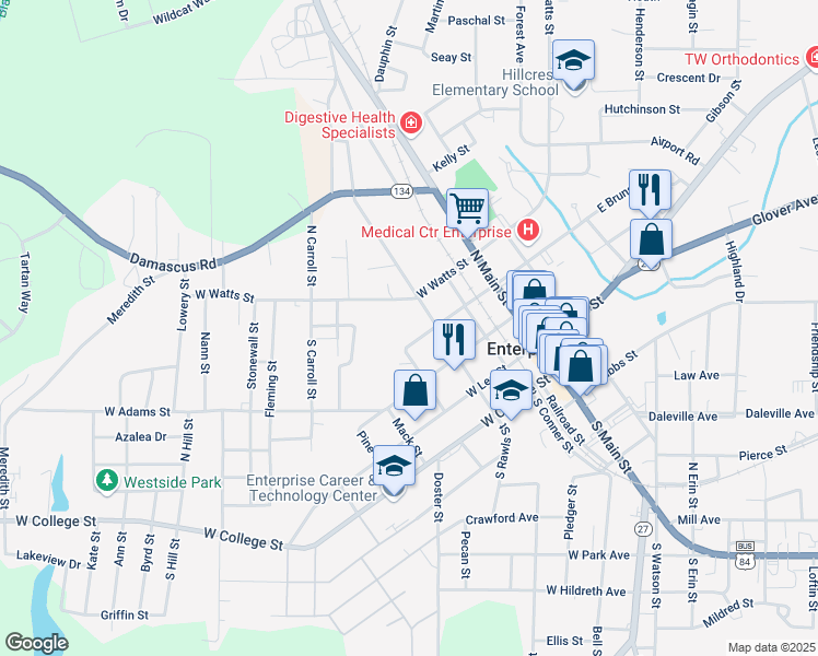 map of restaurants, bars, coffee shops, grocery stores, and more near 312 West Brunson Street in Enterprise