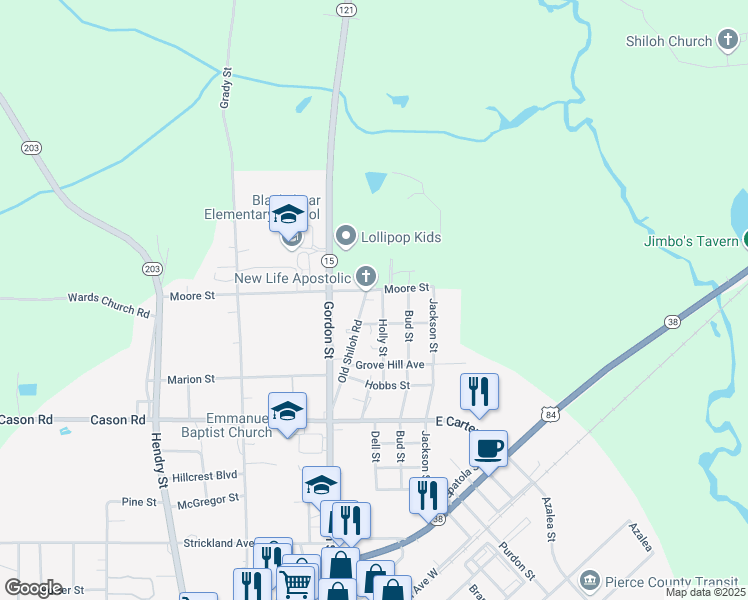map of restaurants, bars, coffee shops, grocery stores, and more near 1016 Old Shiloh Road in Blackshear