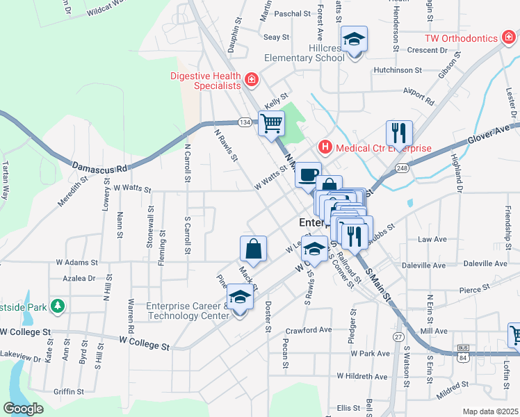 map of restaurants, bars, coffee shops, grocery stores, and more near 305 North Rawls Street in Enterprise