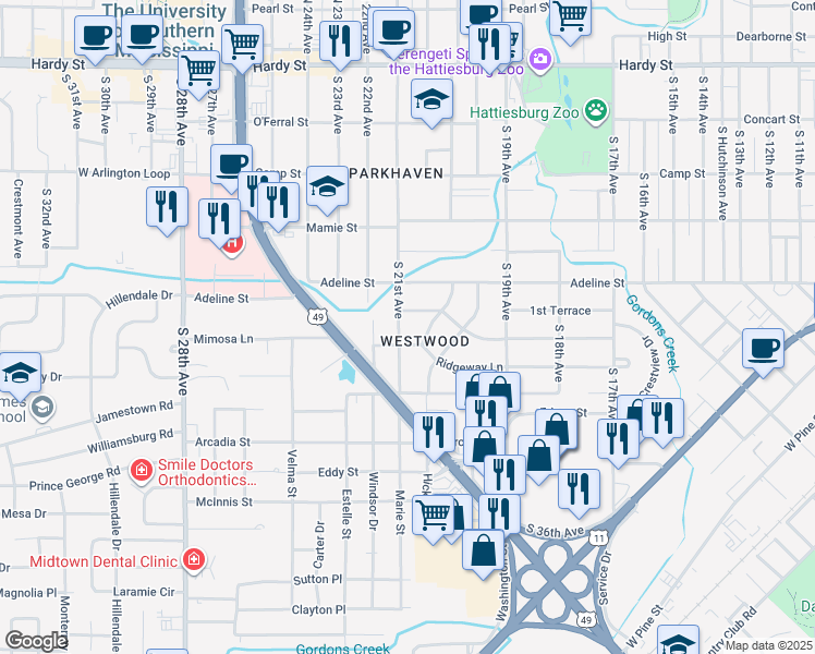 map of restaurants, bars, coffee shops, grocery stores, and more near 2023 Ridgeway Lane in Hattiesburg