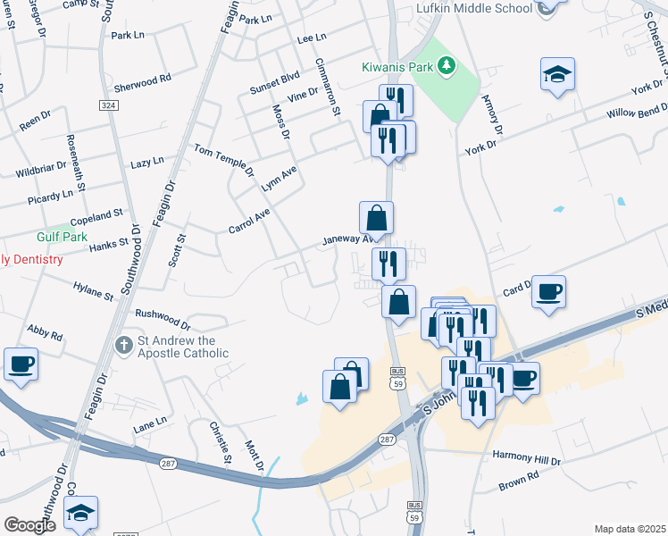 map of restaurants, bars, coffee shops, grocery stores, and more near Arthur Drive in Lufkin