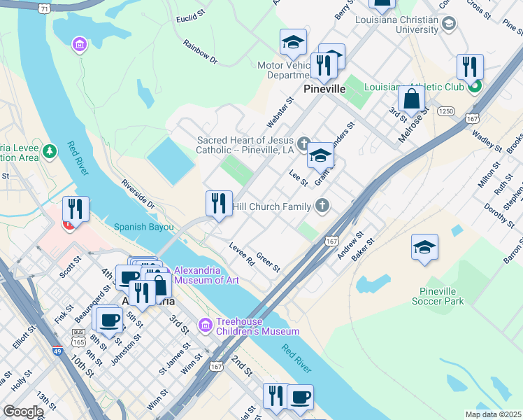 map of restaurants, bars, coffee shops, grocery stores, and more near 302-306 Sanders Street in Pineville