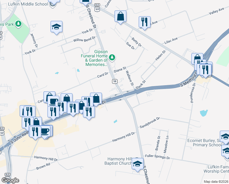 map of restaurants, bars, coffee shops, grocery stores, and more near 1616 South Chestnut Street in Lufkin
