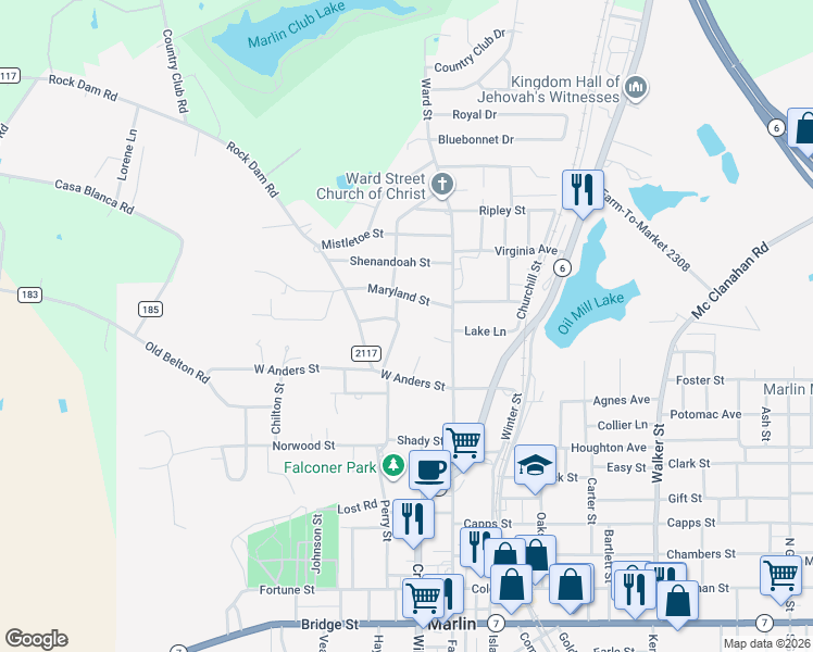 map of restaurants, bars, coffee shops, grocery stores, and more near 830 Southland Avenue in Marlin