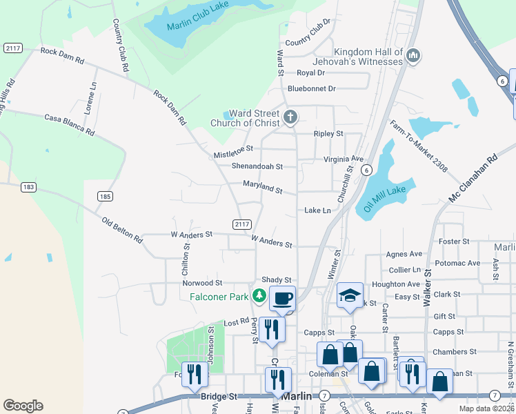 map of restaurants, bars, coffee shops, grocery stores, and more near 830 Southland Avenue in Marlin