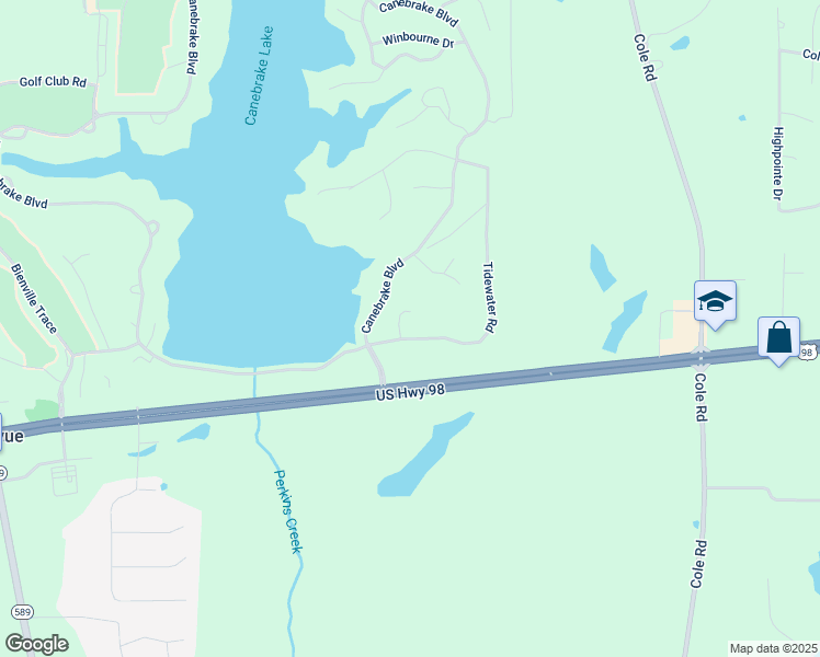 map of restaurants, bars, coffee shops, grocery stores, and more near 98 Cane Cove in Hattiesburg
