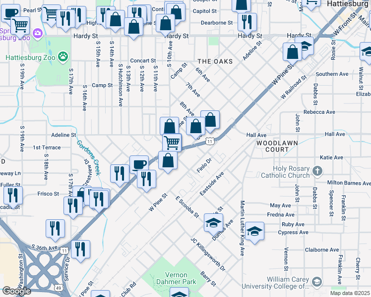 map of restaurants, bars, coffee shops, grocery stores, and more near Corinne Street in Hattiesburg