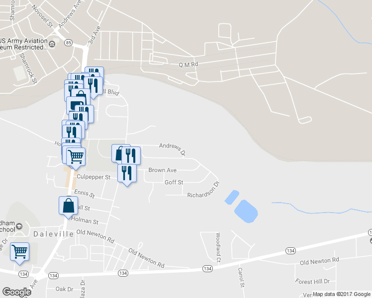 map of restaurants, bars, coffee shops, grocery stores, and more near 31 Andrews Drive in Daleville