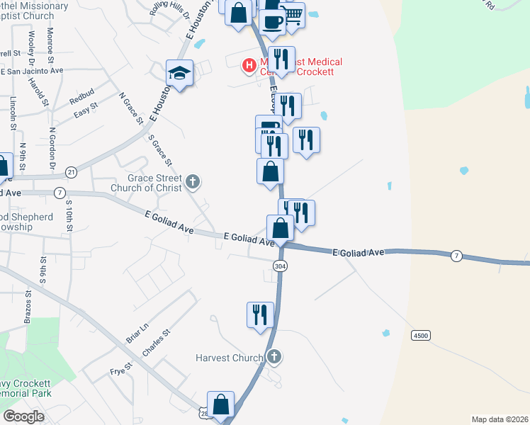 map of restaurants, bars, coffee shops, grocery stores, and more near 1240 East Loop 304 in Crockett