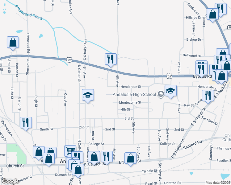 map of restaurants, bars, coffee shops, grocery stores, and more near 505-599 6th Ave in Andalusia